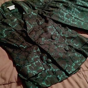 2 Pc; Green & Black Jacquard Pattern Peplum Jacket & Skirt